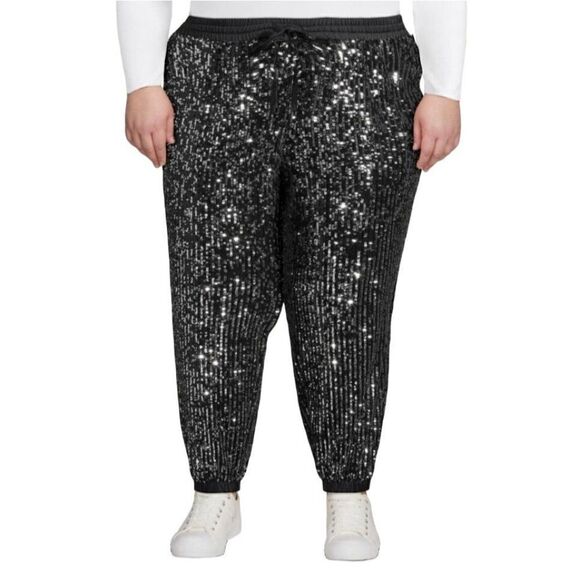 Scoop Women’s Sequin Joggers 3X Black Silver Pull-on Relaxed Drawstring Pockets - Picture 2 of 13